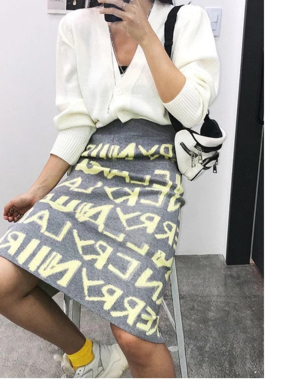 Grey Knit Midi Skirt with Yellow Lettering